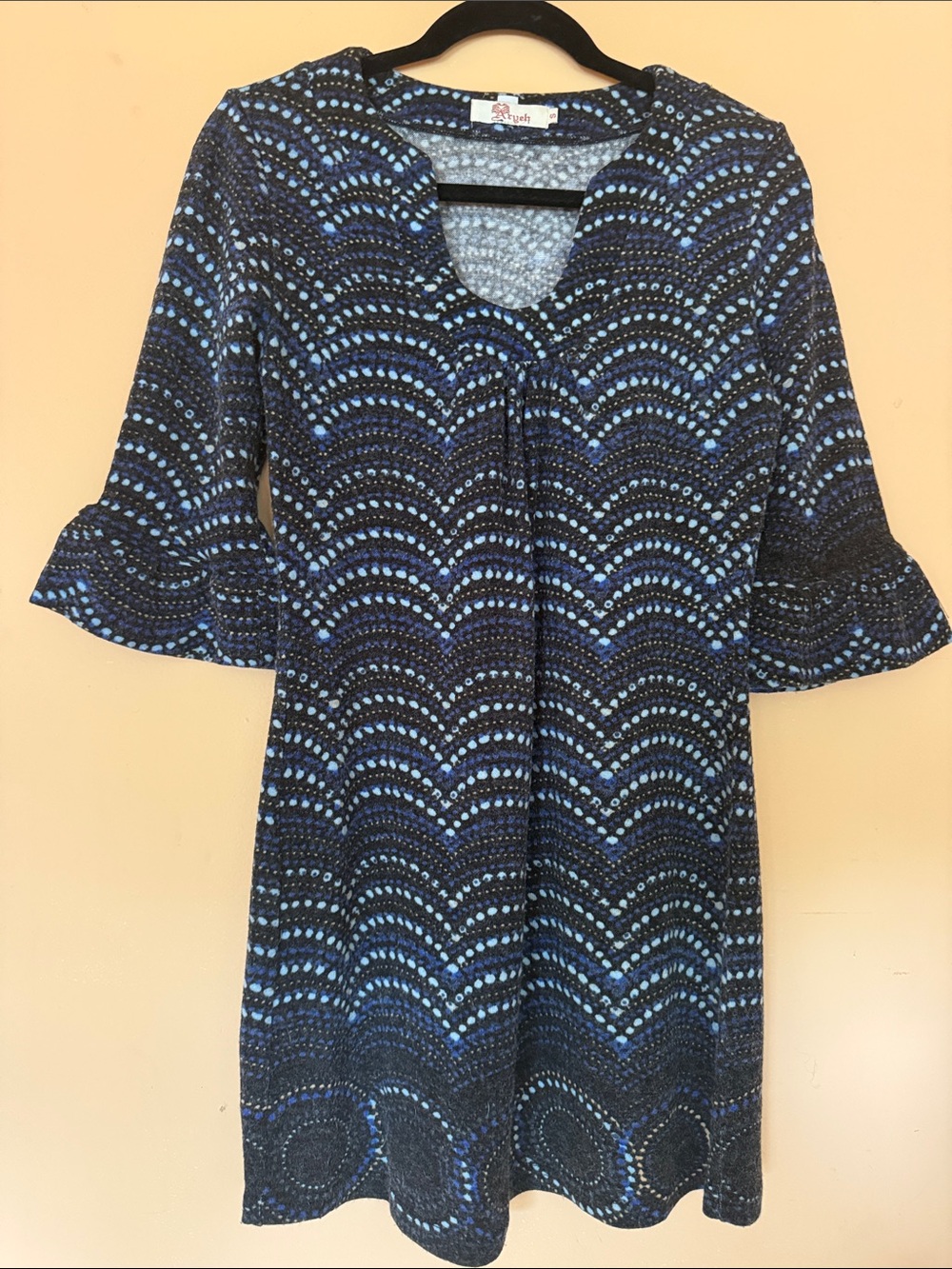 Aryeh Blue & Black Geometric Scalloped Knit Tunic Dress with Bell Sleeves Size S